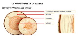 1.1 PROPIEDADES DE LA MADERA
SECCIÓN TRANVERSAL DEL TRONCO
CORTEZA EXTERIOR E INTERIOR (FLOEMA)
ALBURA
DURAMEN
MEDULA
 