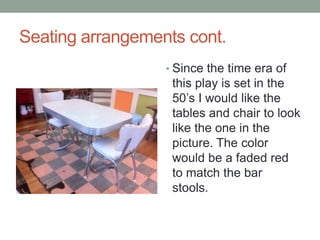 Seating arrangements cont.
? Since the time era of

this play is set in the
50s I would like the
tables and chair to look
like the one in the
picture. The color
would be a faded red
to match the bar
stools.

 