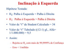 Inclinação à Esquerda
Hipótese Testada:
• H0: Palha à Esquerda = Palha à Direita
• H1: Palha à Esquerda > Palha à Direita
• Valor de “t” de Student Calculado = 34
• Valor de “t” Tabelado ((12-1) gl., Alfa=
1/1.000.000) = 9,5
• Assim:
– Rejeita-se Ho com mais de 99,9999% de Confiança
– Erro < 1/milhão
 
