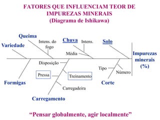 FATORES QUE INFLUENCIAM TEOR DE
IMPUREZAS MINERAIS
(Diagrama de Ishikawa)
Impurezas
minerais
(%)
Variedade
Queima
Intens. do
fogo
Chuva
Média
Intens. Solo
Formigas
Carregamento
Corte
Número
Tipo
Disposição
Pressa Treinamento
Carregadeira
“Pensar globalmente, agir localmente”
 