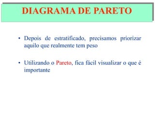DIAGRAMA DE PARETO
• Depois de estratificado, precisamos priorizar
aquilo que realmente tem peso
• Utilizando o Pareto, fica fácil visualizar o que é
importante
DIAGRAMA DE PARETO
 