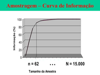 Amostragem – Curva de Informação
1 2 3 4 5 6 7 8 9 10 11 12 13 14 15 16
0
20
40
60
80
100
Informação(%)
Tamanho da Amostra
n = 62 N = 15.000......
 