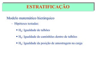 Modelo matemático hierárquico
– Hipóteses testadas:
 H0: Igualdade de talhões
 H0: Igualdade de caminhões dentro de talhões
 H0: Igualdade da posição de amostragem na carga
ESTRATIFICAÇÃO
 