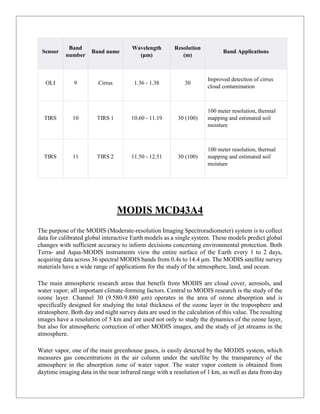 Sensor
Band
number
Band name
Wavelength
(μm)
Resolution
(m)
Band Applications
OLI 9 Cirrus 1.36 - 1.38 30
Improved detection of cirrus
cloud contamination
TIRS 10 TIRS 1 10.60 - 11.19 30 (100)
100 meter resolution, thermal
mapping and estimated soil
moisture
TIRS 11 TIRS 2 11.50 - 12.51 30 (100)
100 meter resolution, thermal
mapping and estimated soil
moisture
MODIS MCD43A4
The purpose of the MODIS (Moderate-resolution Imaging Spectroradiometer) system is to collect
data for calibrated global interactive Earth models as a single system. These models predict global
changes with sufficient accuracy to inform decisions concerning environmental protection. Both
Terra- and Aqua-MODIS instruments view the entire surface of the Earth every 1 to 2 days,
acquiring data across 36 spectral MODIS bands from 0.4s to 14.4 μm. The MODIS satellite survey
materials have a wide range of applications for the study of the atmosphere, land, and ocean.
The main atmospheric research areas that benefit from MODIS are cloud cover, aerosols, and
water vapor; all important climate-forming factors. Central to MODIS research is the study of the
ozone layer. Channel 30 (9.580-9.880 μm) operates in the area of ozone absorption and is
specifically designed for studying the total thickness of the ozone layer in the troposphere and
stratosphere. Both day and night survey data are used in the calculation of this value. The resulting
images have a resolution of 5 km and are used not only to study the dynamics of the ozone layer,
but also for atmospheric correction of other MODIS images, and the study of jet streams in the
atmosphere.
Water vapor, one of the main greenhouse gases, is easily detected by the MODIS system, which
measures gas concentrations in the air column under the satellite by the transparency of the
atmosphere in the absorption zone of water vapor. The water vapor content is obtained from
daytime imaging data in the near infrared range with a resolution of 1 km, as well as data from day
 