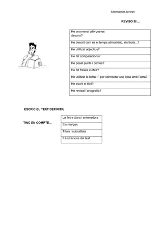 Montserrat Bertran
REVISO SI ...
ESCRIC EL TEXT DEFINITIU
TINC EN COMPTE...
He anomenat allò que es
descriu?
He descrit com és el temps atmosfèric, els fruits...?
He utilitzat adjectius?
He fet comparacions?
He posat punts i comes?
He fet frases curtes?
He utilitzat la lletra “i” per connectar una idea amb l’altra?
He escrit el títol?
He revisat l’ortografia?
La lletra clara i entenedora
Els marges
Títols i subratllats
Il·lustracions del text
 