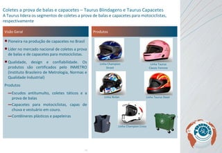 Visão Geral Pioneira na produção de capacetes no Brasil Líder no mercado nacional de coletes a prova de balas e de capacetes para motociclistas.  Qualidade, design e confiabilidade. Os produtos são certificados pelo INMETRO (Instituto Brasileiro de Metrologia, Normas e Qualidade Industrial)  Produtos Escudos antitumulto, coletes táticos e a prova de balas  Capacetes para motociclistas, capas de chuva e vestuário em couro.  Contêineres plásticos e papeleiras Produtos Coletes a prova de balas e capacetes – Taurus Blindagens e Taurus Capacetes A Taurus lidera os segmentos de coletes a prova de balas e capacetes para motociclistas, respectivamente Linha Champion Street Linha Taurus Classic Femme Linha Nolan Linha Taurus Steet Linha Champion Cross 