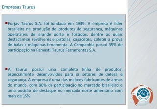 Empresas Taurus Forjas Taurus S.A. foi fundada em 1939.  A empresa é líder brasileira na produção de produtos de segurança, máquinas operatrizes de grande porte e forjados, dentre os quais destacam-se revólveres e pistolas, capacetes, coletes a prova de balas e máquinas-ferramenta. A Companhia possui 35% de participação na Famastil Taurus Ferramentas S.A. A Taurus possui uma completa linha de produtos, especialmente desenvolvidos para os setores de defesa e segurança. A empresa é uma das maiores fabricantes de armas do mundo, com 90% de participação no mercado brasileiro e uma posição de destaque no mercado norte americano com mais de 15%. 