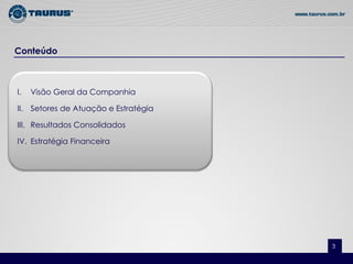 Conteúdo



I.   Visão Geral da Companhia

II. Setores de Atuação e Estratégia

III. Resultados Consolidados

IV. Estratégia Financeira




                                          3
                                      3
 