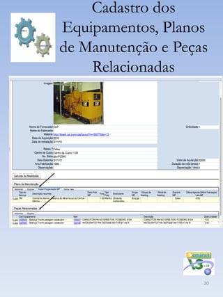 Cadastro dos
Equipamentos,
Equipamentos, Planos
de Manutenção e Peças
    Relacionadas




                    20
 