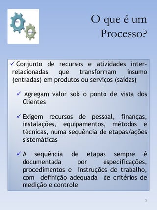 O que é um
                           Processo?

 Conjunto de recursos e atividades inter-
relacionadas   que    transformam       insumo
(entradas) em produtos ou serviços (saídas)

  Agregam valor sob o ponto de vista dos
   Clientes

  Exigem recursos de pessoal, finanças,
   instalações, equipamentos, métodos e
   técnicas, numa sequência de etapas/ações
   sistemáticas

 A    sequência de etapas sempre é
   documentada       por    especificações,
   procedimentos e instruções de trabalho,
   com definição adequada de critérios de
   medição e controle

                                             5
 