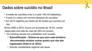 Dados sobre suicídio no Brasil
• A média de suicídios é de 5 a cada 100 mil habitantes;
• O país é o oitavo em número absoluto de suicídios;
• Em 2012 registrou-se média de 30 mortes por suicídio por
dia;
•Entre 2000 e 2012, houve um aumento de 10,4%, sendo
observada uma alta de mais de 30% em jovens;
• Os números devem ser analisados com cautela:
• Subnotificação – Estima-se que para cada tentativa
documentada existam outras quatro que não são
registradas (Vidal et al, 2013).
• Grande variabilidade regional nas taxas.
 