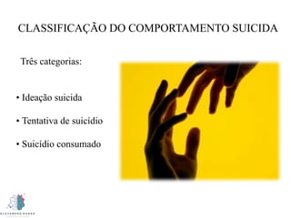 CLASSIFICAÇÃO DO COMPORTAMENTO SUICIDA
• Ideação suicida
• Tentativa de suicídio
• Suicídio consumado
Três categorias:
 