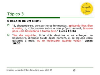 15
Tópico 3
O RELATO DE UM CRIME
 "E, chegando-se, pensou-lhe os ferimentos, aplicando-lhes óleo
e vinho; e, colocando-o sobre o seu próprio animal, levou-o
para uma hospedaria e tratou dele." Lucas 10:34
 "No dia seguinte, tirou dois denários e os entregou ao
hospedeiro, dizendo: Cuida deste homem, e, se alguma coisa
gastares a mais, eu to indenizarei quando voltar." Lucas
10:35
Empatia e compaixão: O Bom Samaritano. Lucas 10:36-37
 