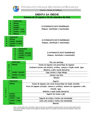 PATRONATO NOSSA SENHORA DA BONANÇA
Creche e Jardim-de-Infância
Vila Praia de Âncora
EMENTA DA CRECHE
Semana de 29 agosto a 02 de setembro de 2016
S
E
G
U
N
D
A
Suplemento
O PATRONATO ESTÁ ENCERRADO
(limpeza, desinfeção e manutenção)
Almoço
Lanche -
berçário
Lanche – 1 ano
Lanche – 2 anos
Reforço
T
E
R
Ç
A
Suplemento
O PATRONATO ESTÁ ENCERRADO
(limpeza, desinfeção e manutenção)
Almoço
Lanche - berçário
Lanche: 1 e 2 anos
Reforço
Q
U
A
R
T
A
Suplemento
O PATRONATO ESTÁ ENCERRADO
(limpeza, desinfeção e manutenção)
Almoço
Lanche - berçário
Lanche: 1 e 2 anos
Reforço
Q
U
I
N
T
A
Suplemento Pão com manteiga
Almoço Creme de legumes com peixe/Sopa de legumes
Jardineira (carne com batata), ervilhas, cenoura e feijão-verde, água
Melancia e pêra cozida (berçário)
Lanche - berçário Papa Cerelac e Papa Milupa
Lanche: 1 e 2 anos Cereais com leite
Reforço Bolacha
S
E
X
T
A
Suplemento Iogurte
Almoço Creme de legumes com carne branca/Sopa de feijão vermelho
Arroz de legumes (coração, cenoura e ervilhas), omeleta de cogumelos e alho
francês, água
Gelatina e maçã cozida (berçário)
Lanche -
berçário
Iogurte de aroma e pão
Lanche – 1 ano Iogurte de aroma e tostas com marmelada
Lanche – 2 anos Leite com cevada e tostas com marmelada
Reforço Bolacha
Nota: a ementa pode sofrer alterações. O grupo do berçário, por questões de desenvolvimento tem uma ementa específica para
cada criança, mediante indicação do encarregado de educação. Depois da introdução dos alimentos sólidos acompanha a ementa dos
restantes grupos.
 
