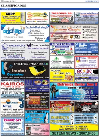 Agosto de 201710 SETEMI NEWS
CLASSIFICADOS
SERVIÇOS
SETEMI NEWS - 2867.6433
 