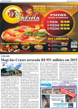 março de 2016 3SETEMI NEWS
Mogi das Cruzes arrecada R$ 951 milhões em 2015
S
CIDADE
A Prefeitura de Mogi das Cru-
zes arrecadou cerca de R$
951.158.440,65 em 2015. O
resultado foi 4,19% superior ao
de 2014, quando a receita che-
gouaR$912.897.122,26.
Os números foram apresenta-
dos pelo secretário de Finanças,
Robson Senziali, na Câmara
Municipal, durante a 46ª
Audiência Pública da Comissão
de Finanças e Orçamento do
Legislativo, sobre a arrecada-
ção e as despesas do Município
até o terceiro quadrimestre do
ano passado, que compreende
os meses de setembro a dezem-
bro. A audiência cumpre uma
determinação legal e tem como
objetivo demonstrar ao Legisla-
tivo o cumprimento e a ava-
liação das metas ﬁscais. Os
recursos para educação e
saúde superaram o estipula-
do pela Constituição Fede-
ral, que são 25% e 15%, res-
pectivamente.
Para a área educacional, o
Município destinou cerca de
R$ 166.716.956,56, o que cor-
responde a 26,07% dos R$
639.461.046,58 arrecadados em
impostos. Para saúde, foram R$
134.117.434,52, que represen-
tam 20,97% da mesma receita.
O diretor-geral adjunto do Ser-
viçoMunicipaldeÁguas eEsgo-
tos (Semae), Dirceu Lorena de
Meira, e o diretor do Instituto de
Previdência Municipal (Iprem),
FranciscoCarlosCardenas,tam-
bém apresentaram o balanço das
receitas e despesas das respecti-
vasautarquias.
Segundo Dirceu, o Semae obte-
ve um superavit de mais de R$
20 milhões, que serão investi-
dos, principalmente, na primeira
etapa de modernização da Esta-
ção de Tratamento de Água
(ETA) Centro e na instalação
de um sistema de dióxido de
cloro na Estação de Captação e
Recalque 2, no Cocuera, o que
vai evitar que, futuramente,
eventuais aumentos na concen-
tração de manganês no Rio
Tietêvoltemainterferirnacolo-
ração da água distribuída à
população, como ocorreu em
novembro de 2015. Também
participaramdaaudiênciamem-
bros das equipes de Finanças da
Prefeitura, do Semae e do Iprem
e os vereadores Mauro Araújo,
Antonio Lino da Silva e Juliano
Abe. A próxima audiência
pública deverá acontecer em
maio, para a apresentação dos
números relativos aos primeiros
quatromesesde2016.
 