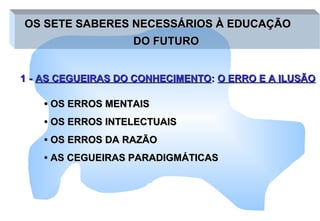 11 -- AS CEGUEIRAS DO CONHECIMENTOAS CEGUEIRAS DO CONHECIMENTO:: O ERRO E A ILUSÃOO ERRO E A ILUSÃO
OS SETE SABERES NECESSÁRIOS À EDUCAÇÃOOS SETE SABERES NECESSÁRIOS À EDUCAÇÃO
DO FUTURODO FUTURO
•• OS ERROS MENTAISOS ERROS MENTAIS
•• OS ERROS INTELECTUAISOS ERROS INTELECTUAIS
•• OS ERROS DA RAZÃOOS ERROS DA RAZÃO
•• AS CEGUEIRAS PARADIGMÁTICASAS CEGUEIRAS PARADIGMÁTICAS
 