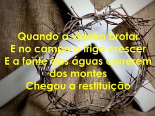 Quando a videira brotar
 E no campo o trigo crescer
E a fonte das águas correrem
          dos montes
     Chegou a restituição
 