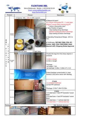 Picture Description
Flexitank
/Flexibag
Automatic Air Vent 3'' Ball Valve Package: carton 1.13m*0.50m*0.40m
● Material & layers:
4*0.125mm food grade PE + 1 outer layer
230gr/m2
woven fabric hard strong PP
" white or blue-white color"
● Valve Position (3 types):
1)top loading & top discharge
2)bottom loading & bottom discharge
3)top loading & bottom discharge
● Operating Temperature Range: -20℃ to
75℃
● Certificates: ISO 9001:2008, FDA, EC,
Kosher, AAR, COA, FSSC22000, Halal,
Maersk & APL Shipping Global Approval
Corrugated
Paper
Protect the bag from the sharp objects in
container
1) 28m in length
2) 30m in length
Package:
roll height: 1.5m
roll diameter: 0.26m - 0.28m +F (-1) C
PE Liner
Protect leakage contamination in case.
Packed in the same carton with flexibag
Bulkhead
2 types
1) cardboard bulkhead
2) hard PP bulkhead
Package: 2.33m*1.48m*0.016m
Steel Bars
4 types
1) 5 steel bars + hard PP brackets/1 wood
beam
2) 6 steel bars + hard PP brackets/1 wood
beam
3) 5 steel bars + 1 vertical steel bar
4) 6 steel bars + 1 vertical steel bar
Package BBL flexitank structure
Product
B
B
L
F
l
e
x
i
t
a
n
k
/
F
l
e
x
i
b
a
g
● Capacity: 16KL - 24KL or 25KL (special)
FLEXITANK BBL
María Maldonado Mobile:. (+34) 659 82 56 34
Email: contacto@flexitankbbl.com
www.flexitankbbl.com
 