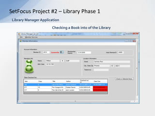 ///<remarks>    /// Description Attribute created to allow the developer to specify information/// about himself for the newly created class. Developer name, date and title/// are field which can be specified./// Description can be applied to Assembly, Class, Interface and Enum///</remarks>    [AttributeUsage(AttributeTargets.Assembly| AttributeTargets.Class |     AttributeTargets.Interface| AttributeTargets.Enum, AllowMultiple = true)]    public class DeveloperInfoAttribute : Attribute    {///<summary>        /// Non-Default Constructor///</summary>        ///<param name="name"></param>public DeveloperInfoAttribute(string name)        {            Name = name;        }///<summary>        /// Name Property///</summary>        ///<value>Automatic set used to assign value</value>public string Name { get; set; }///<summary>        /// Date Property///</summary>        ///<value>Automatic set used to assign value</value>public string Date { get; set; }///<summary>        /// Title Property///</summary>        ///<value>Automatic set used to assign value</value>public string Title { get; set;}}SetFocus Project #1 – Framework ProjectDeveloper Attribute