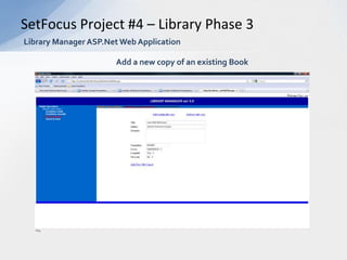 ObjectiveIn the Phase 1 project we were given the data access layer and created the presentation layer which interfaced with the Data access layer via the Business logic layer. In Phase 2, we recreated the Data Access Layer which consisted of the various Entities used by the application layers. SummaryThis project demonstrates the use of  ADO.NET, LINQ as well as ORM (Object Relational Modeling). Transact-SQL was also used to access the database, which was managed using SQL-Server 2008. Some of the techniques implemented into this project include:Recreate the Data Access Layer while keeping existing functionality within all other application layers.