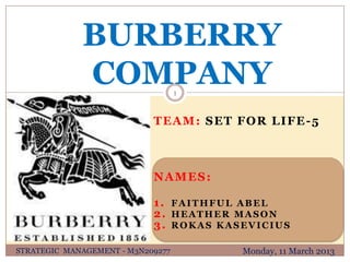 BURBERRY
             COMPANY               1


                            TEAM: SET FOR LIFE-5



                            NAMES:

                            1. FAITHFUL ABEL
                            2. HEATHER MASON
                            3. ROKAS KASEVICIUS

STRATEGIC MANAGEMENT - M3N209277        Monday, 11 March 2013
 