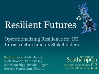 Resilient Futures
Operationalizing Resilience for UK
Infrastructure and its Stakeholders

Seth Bullock, Andy Dainty,
Rich Dawson, Pete Fussey,
Jonathan Rigg, Brooke Rogers,   Institute for Complex
Beverly Searle, Jon Timmis        Systems Simulation
 