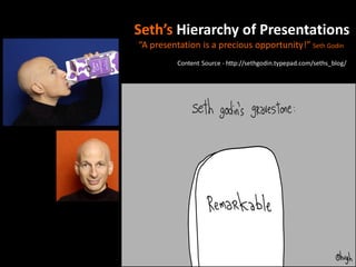 Seth’s Hierarchy of Presentations
“A presentation is a precious opportunity!” Seth Godin
          Content Source - http://sethgodin.typepad.com/seths_blog/
 