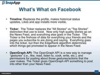 What’s What on Facebook
• Timeline: Replaces the profile, makes historical status
  updates, Likes and app installs more visible.

• Ticker: The Ticker replaces the "All Stories" vs "Top Stories"
  distinction that use to exist. Now only high quality stories go on
  the News Feed, and everything else goes in the Ticker. The
  Ticker is the firehose of data for everything your friends and the
  pages you subscribe to are doing and saying. Everything goes
  into the ticker, but then the EdgeRank algorithm determines
  which things get promoted to appear in the News Feed.

• OpenGraph API: The OpenGraph API is a new way to manage
  “gestures” (i.e., like, read, listen to, cook, write, etc.), and
  permissions for posting about those gestures/actions that the
  user makes. The Ticker gives OpenGraph API something to post
  into other than your News Feed.
 