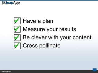 Have a plan
Measure your results
Be clever with your content
Cross pollinate
 