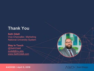 Thank You
Seth Odell
Vice Chancellor, Marketing
National University System
Stay in Touch
@SethOdell
sodell@nu.edu
www.SethOdell.com
 