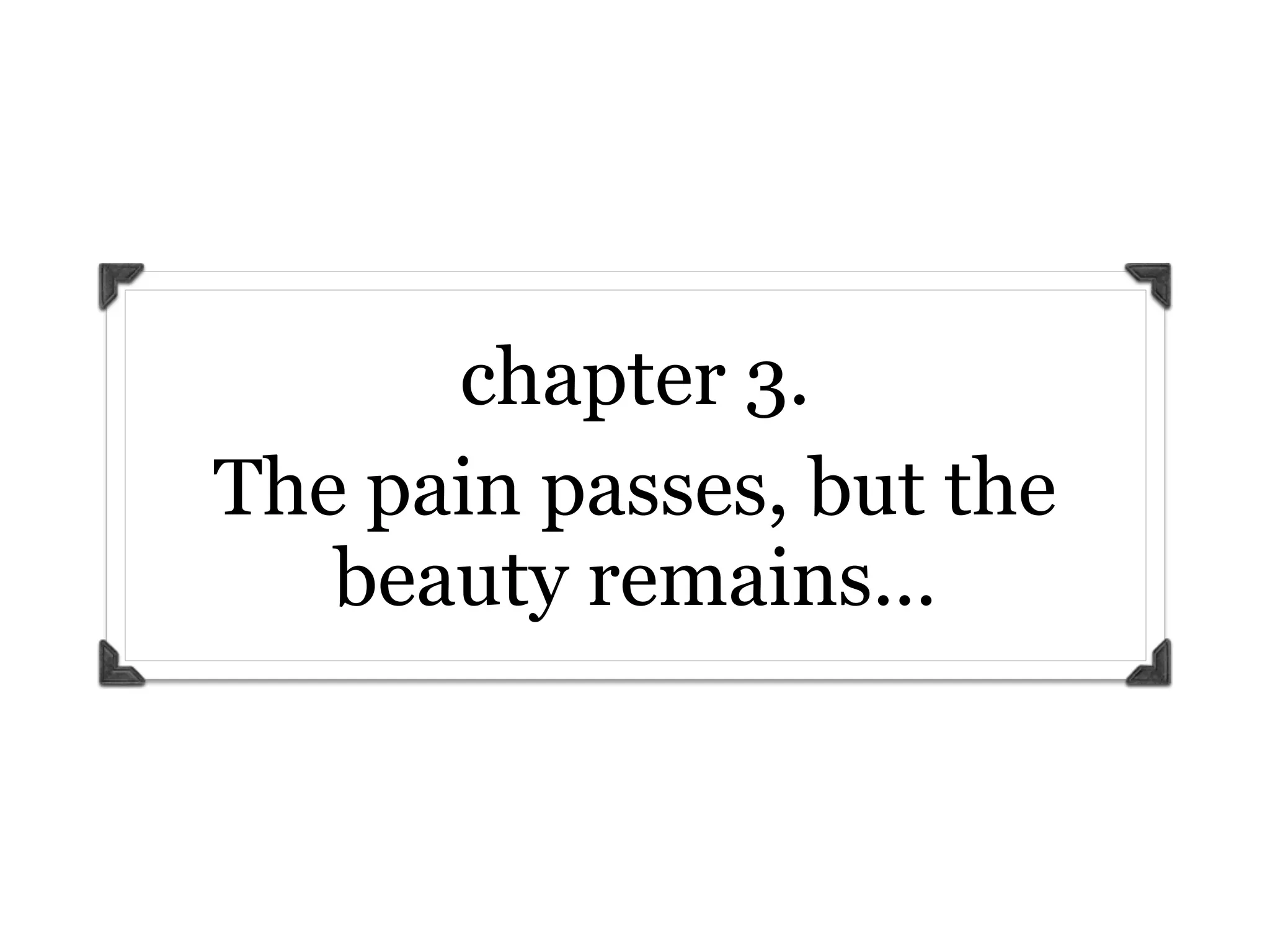 chapter 3.
The pain passes, but the
   beauty remains...
 