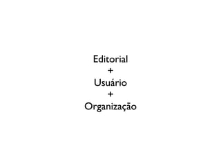Editorial
     +
 Usuário
     +
Organização
 