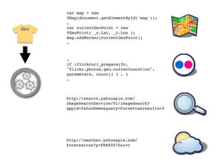 var map = new
      YMap(document.getElementById('map'));
      …
dev   var currentGeoPoint = new
      YGeoPoint( _c.Lat, _c.Lon );
      map.addMarker(currentGeoPoint);
      …



      …
      if (flickcurl_prepare(fc,
      "flickr.photos.geo.correctLocation",
      parameters, count)) { … }
      …



      http://search.yahooapis.com/
      ImageSearchService/V1/imageSearch?
      appid=YahooDemo&query=Corvette&results=2




      http://weather.yahooapis.com/
      forecastrss?p=FRXX0076&u=c
 
