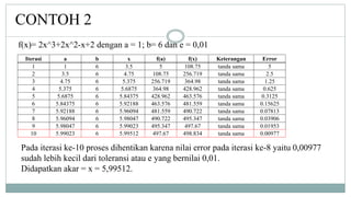 CONTOH 2
f(x)= 2x^3+2x^2-x+2 dengan a = 1; b= 6 dan e = 0,01
Pada iterasi ke-10 proses dihentikan karena nilai error pada iterasi ke-8 yaitu 0,00977
sudah lebih kecil dari toleransi atau e yang bernilai 0,01.
Didapatkan akar = x = 5,99512.
Iterasi a b x f(a) f(x) Keterangan Error
1 1 6 3.5 5 108.75 tanda sama 5
2 3.5 6 4.75 108.75 256.719 tanda sama 2.5
3 4.75 6 5.375 256.719 364.98 tanda sama 1.25
4 5.375 6 5.6875 364.98 428.962 tanda sama 0.625
5 5.6875 6 5.84375 428.962 463.576 tanda sama 0.3125
6 5.84375 6 5.92188 463.576 481.559 tanda sama 0.15625
7 5.92188 6 5.96094 481.559 490.722 tanda sama 0.07813
8 5.96094 6 5.98047 490.722 495.347 tanda sama 0.03906
9 5.98047 6 5.99023 495.347 497.67 tanda sama 0.01953
10 5.99023 6 5.99512 497.67 498.834 tanda sama 0.00977
 