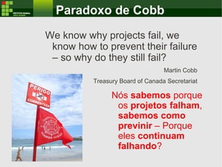 Paradoxo de Cobb
We know why projects fail, we
know how to prevent their failure
– so why do they still fail?
Martin Cobb
...