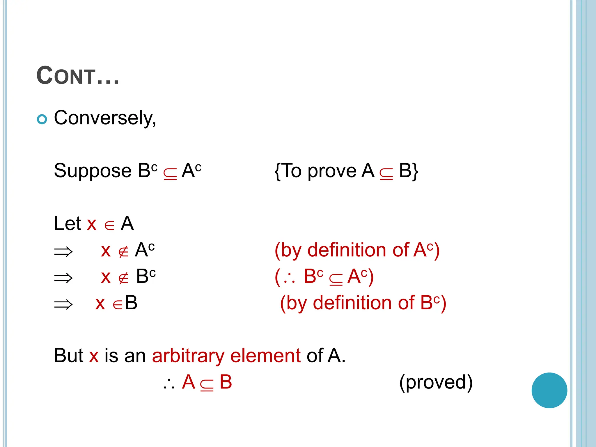 CONT…
 Conversely,
Suppose Bc  Ac {To prove A  B}
Let x  A
 x  Ac (by definition of Ac)
 x  Bc ( Bc  Ac)
 x B (by definition of Bc)
But x is an arbitrary element of A.
 A  B (proved)
 