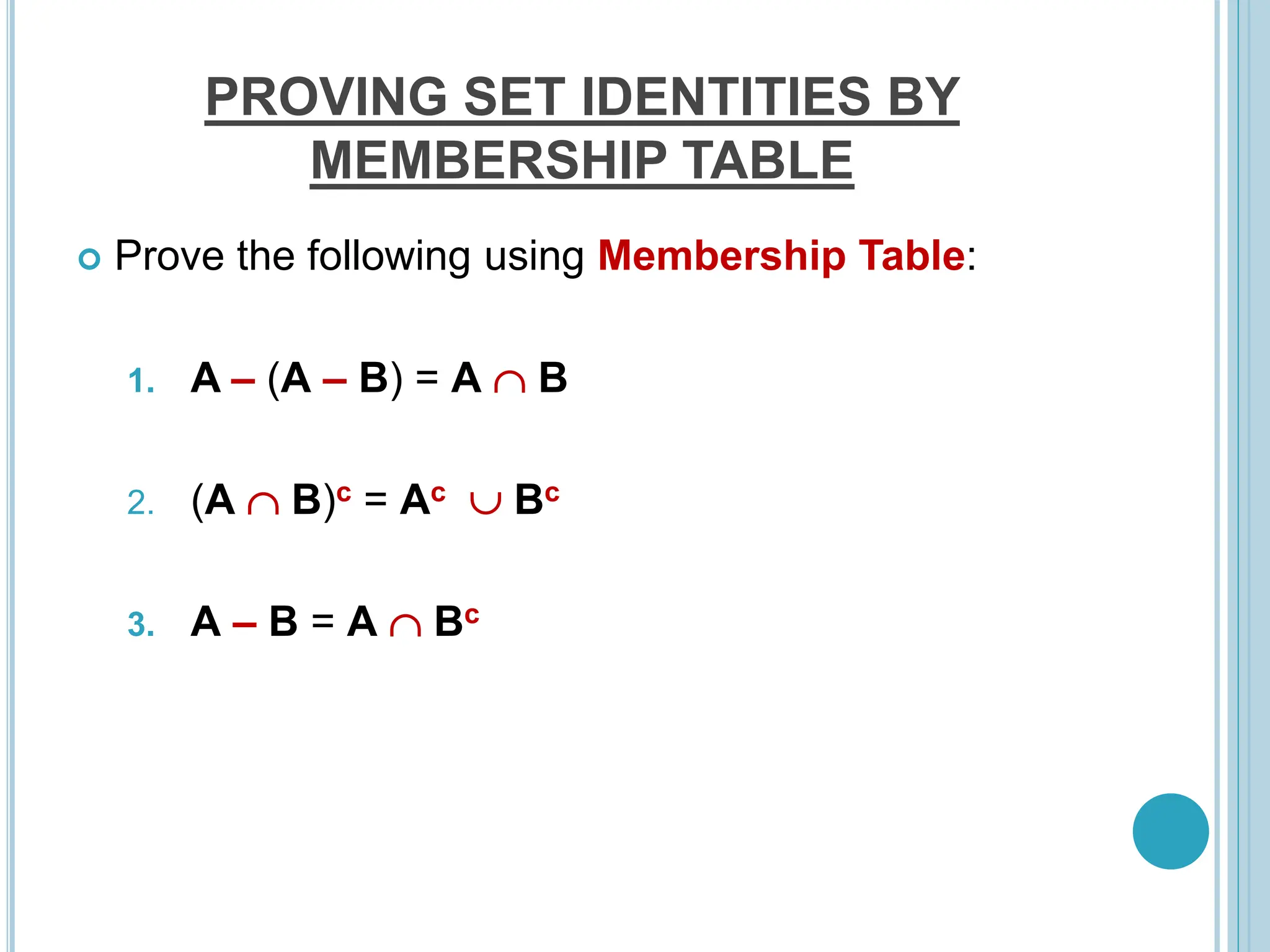 PROVING SET IDENTITIES BY
MEMBERSHIP TABLE
 Prove the following using Membership Table:
1. A – (A – B) = A  B
2. (A  B)c = Ac  Bc
3. A – B = A  Bc
 