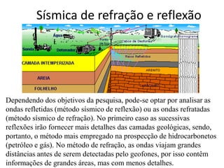 Sísmica de refração e reflexão
Dependendo dos objetivos da pesquisa, pode-se optar por analisar as
ondas refletidas (método sísmico de reflexão) ou as ondas refratadas
(método sísmico de refração). No primeiro caso as sucessivas
reflexões irão fornecer mais detalhes das camadas geológicas, sendo,
portanto, o método mais empregado na prospecção de hidrocarbonetos
(petróleo e gás). No método de refração, as ondas viajam grandes
distâncias antes de serem detectadas pelo geofones, por isso contêm
informações de grandes áreas, mas com menos detalhes.
 