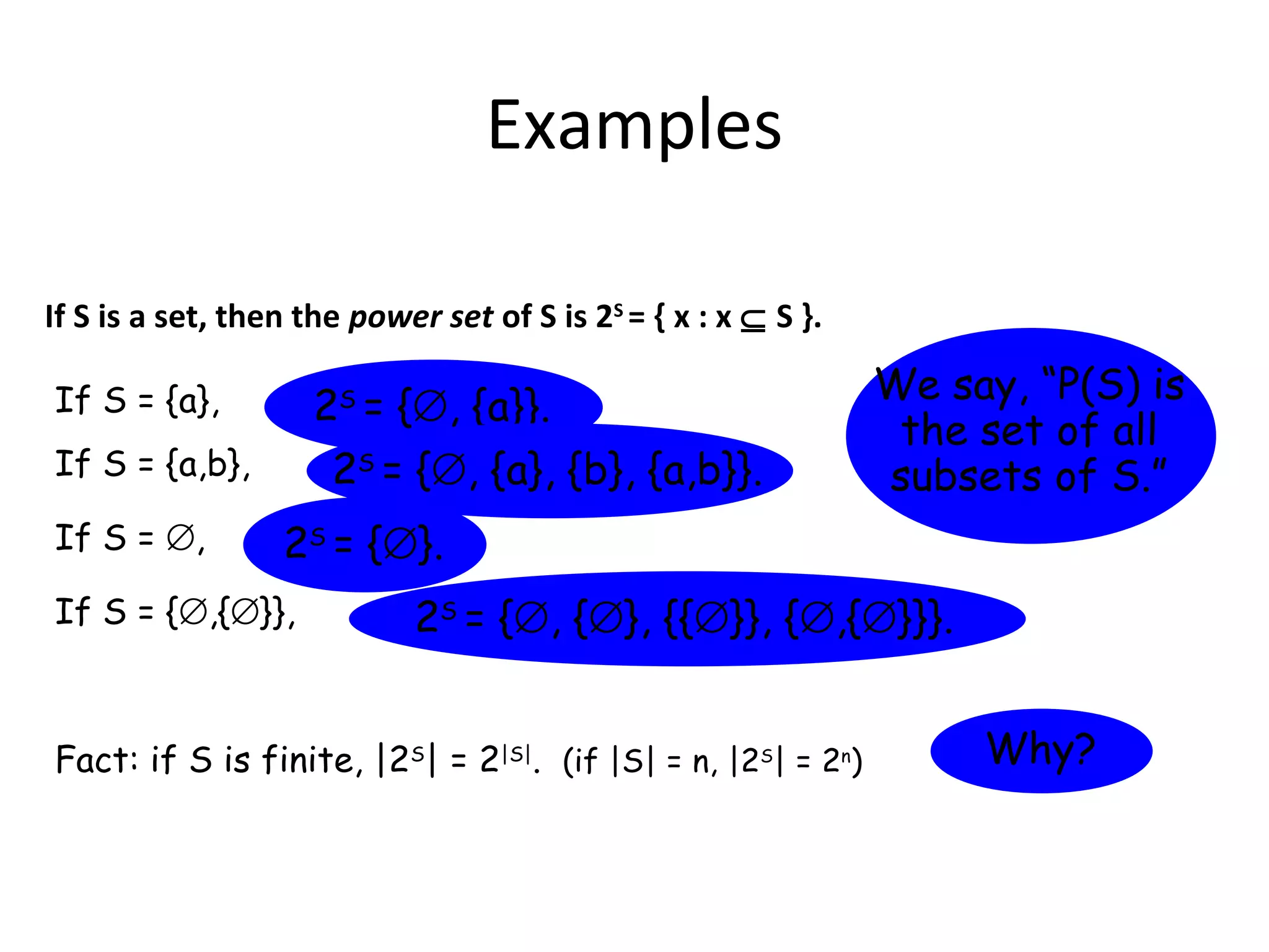 Examples
If S is a set, then the power set of S is 2S
= { x : x ⊆ S }.
If S = {a},
If S = {a,b},
If S = ∅,
If S = {∅,{∅}},
We say, “P(S) is
the set of all
subsets of S.”
2S
= {∅, {a}}.
2S
= {∅, {a}, {b}, {a,b}}.
2S
= {∅}.
2S
= {∅, {∅}, {{∅}}, {∅,{∅}}}.
Fact: if S is finite, |2S
| = 2|S|
. (if |S| = n, |2S
| = 2n
) Why?
 