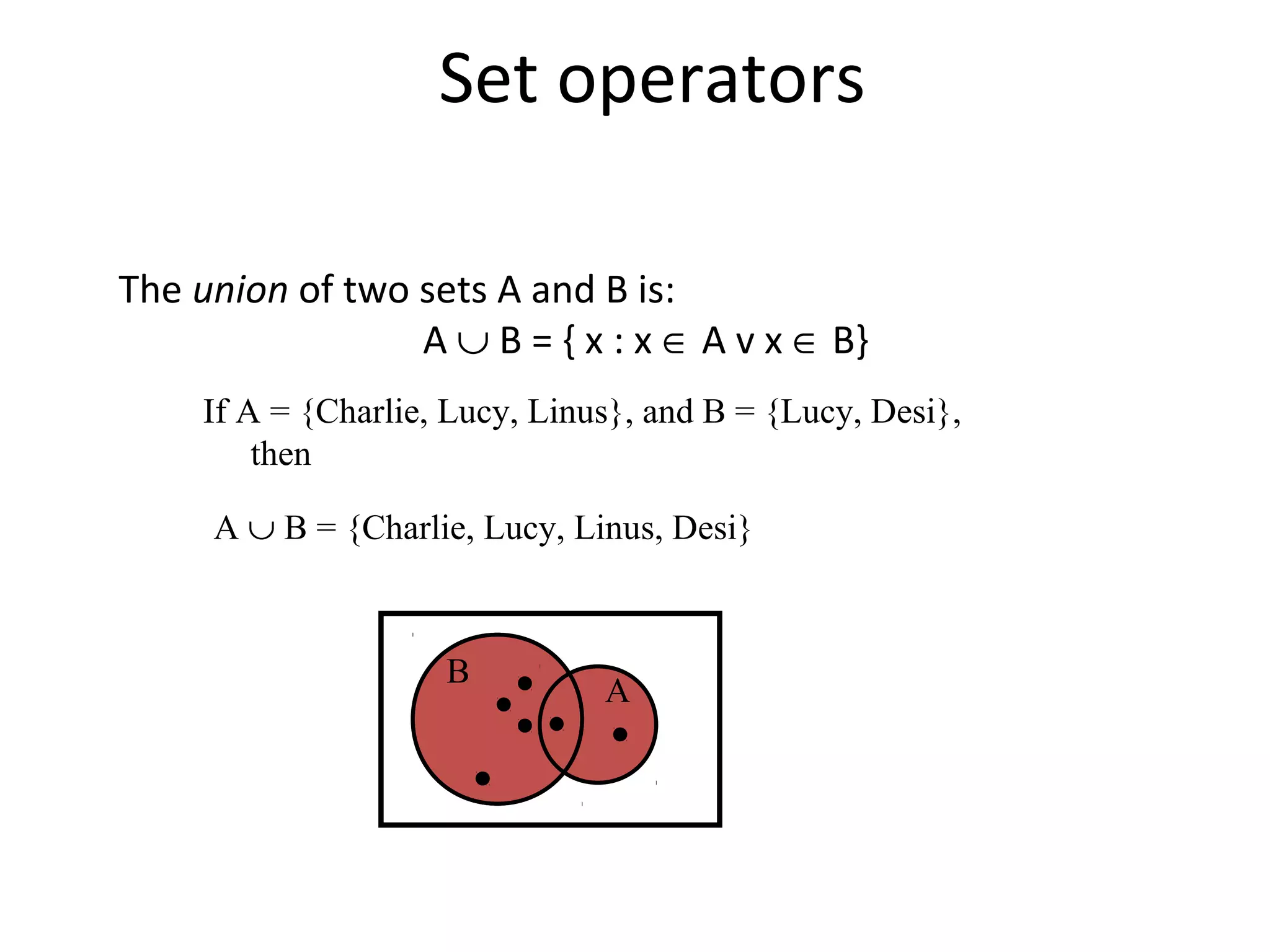 Set operators
The union of two sets A and B is:
A ∪ B = { x : x ∈ A v x ∈ B}
If A = {Charlie, Lucy, Linus}, and B = {Lucy, Desi},
then
A ∪ B = {Charlie, Lucy, Linus, Desi}
A
B
 