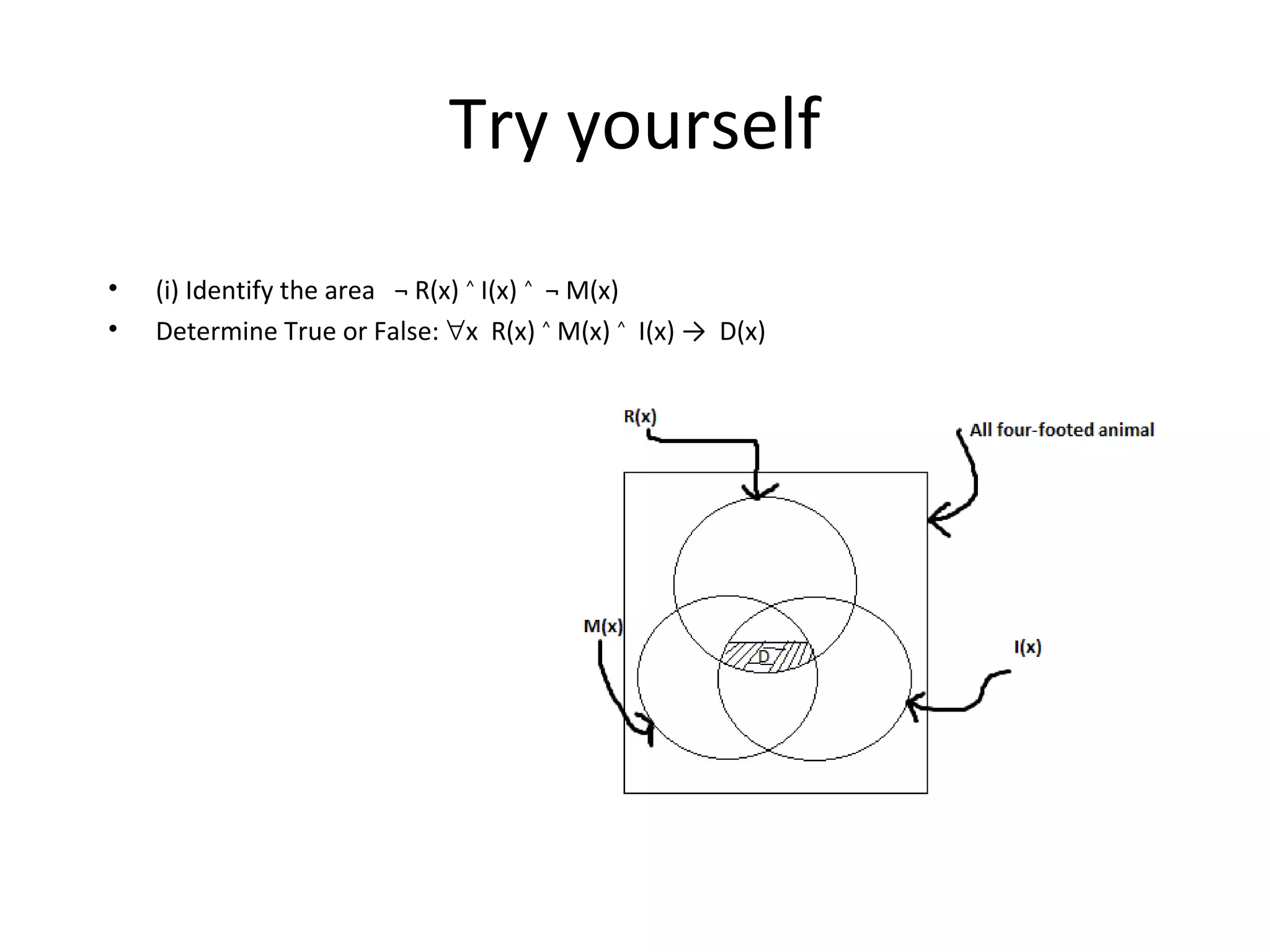 Try yourself
• (i) Identify the area ¬ R(x) I(x) ¬ M(x)˄ ˄
• Determine True or False: ∀x R(x) M(x) I(x) → D(x)˄ ˄
 