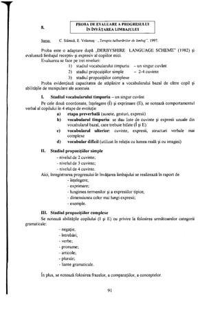 P R O B A D E E V A L U A R E A P R O G R E S U L U I
8
' ÎN Î N V Ă Ţ A R E A L I M B A J U L U I
Sursa: C. Stanică, E. Vrăşmaş - „ Terapia tulburărilor de limbaj ", 1997.
Proba este o adaptare după „DERBYSHIRE LANGUAGE SCHEME" (1982) şi
evaluează limbajul receptiv şi expresiv al copiilor mici.
Evaluarea se face pe trei niveluri:
1) stadiu] vocabularului timpuriu - un singur cuvânt
2) stadiul propoziţiilor simple - 2-4 cuvinte
3) stadiul propoziţiilor complexe
Proba evidenţiază capacitatea de stăpânire a vocabularului bazai de către copil şi
abilităţile de manipulare ale acestuia.
I. Stadiul vocabularului timpuriu - un singur cuvânt
Pe cele două coordonate, înţelegere (î) şi exprimare (E), se notează comportamentul
verbal al copilului în 4 etape de evoluţie:
a) etapa preverbală (sunete, gesturi, expresii)
b) vocabularul timpuriu: se dau liste de cuvinte şi expresii uzuale din
vocabularul bazai, care trebuie bifate (I şi E).
c) vocabularul ulterior: cuvinte, expresii, structuri verbale mai
complexe
d) vocabular difícil (utilizat în relaţia cu lumea reală şi cu imagini)
II. Stadiul propoziţiilor simple
- nivelul de 2 cuvinte;
- nivelul de 3 cuvinte;
- nivelul de 4 cuvinte.
Aici, înregistrarea progresului în învăţarea limbajului se realizează în raport de:
- înţelegere;
- exprimare;
- lungimea termenilor şi a expresiilor tipice;
- dimensiunea celor mai lungi expresii;
- exemple.
III. Stadiul propoziţiilor complexe
Se notează abilităţile copilului (I şi E) cu privire la folosirea următoarelor categorii
gramaticale:
- negaţie;
- întrebări;
- verbe;
- pronume;
- articole;
- plurale;
- liante gramaticale.
în plus, se notează folosirea frazelor, a comparaţiilor, a conceptelor.
91
 