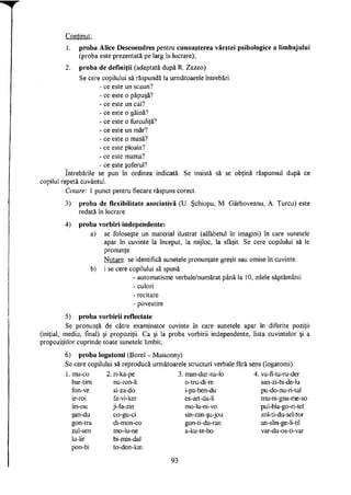 Conţinut:
6) proba logatomi (Borel - Maisonny)
Se cere copilului să reproducă următoarele structuri verbale fără sens (logatomi):
1. mu-co 2. ri-ka-pe 3. man-dur-na-lo 4. va-fi-ta-ru-der
bar-tim nu-ron-li o-tru-di-re san-zi-bi-de-lu
fon-ve si-za-do i-pa-ben-du pu-do-nu-ri-tal
ie-roi fa-vi-ker es-art-da-li mu-ni-gna-me-so
lin-ou ji-fa-zin mo-lu-ni-vo pul-bla-go-ri-tel
şan-du co-gu-ci sin-zan-şu-jou zol-ti-du-sel-tor
gon-tra di-mon-co gon-ti-du-ran an-slin-ge-li-til
zul-sen mo-lu-ne a-ku-te-bo var-du-os-ti-var
lu-lir bi-min-dal
pon-bi to-don-kin
93
1. proba Alice Descoeudres pentru cunoaşterea vârstei psihologice a limbajului
(proba este prezentată pe larg în lucrare);
2. proba de definiţii (adaptată după R. Zazzo)
Se cere copilului să răspundă la următoarele întrebări:
- ce este un scaun?
- ce este o păpuşă?
- ce este un cal?
- ce este o găină?
- ce este o furculiţă?
- ce este un măr?
- ce este o masă?
- ce este ploaia?
- ce este mama?
- ce este şoferul?
întrebările se pun în ordinea indicată. Se insistă să se obţină răspunsul după ce
copilul repetă cuvântul.
Cotare: 1 punct pentru fiecare răspuns corect.
3) proba de flexibilitate asociativă (U. Şchiopu, M. Gârboveanu, A. Turcu) este
redată în lucrare
4) proba vorbiri independente:
a) se foloseşte un material ilustrat (alfabetul în imagini) în care sunetele
apar în cuvinte la început, la mijloc, la sfâşit. Se cere copilului să le
pronunţe.
Notare: se identifică sunetele pronunţate greşit sau omise în cuvinte.
b) i se cere copilului să spună:
- automatisme verbale/numărat până la 10, zilele săptămânii
- culori
- recitare
- povestire
5) proba vorbirii reflectate
Se pronunţă de către examinator cuvinte în care sunetele apar în diferite poziţii
(iniţial, mediu, final) şi propoziţii. Ca şi la proba vorbirii independente, lista cuvintelor şi a
propoziţiilor cuprinde toate sunetele limbii;
 