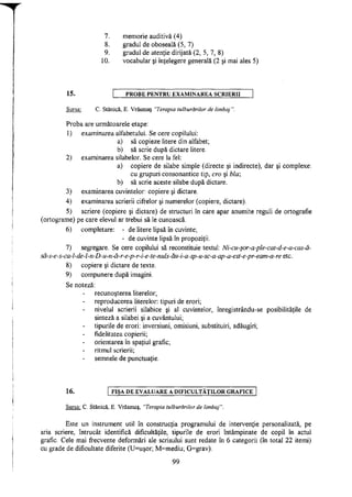 7. memorie auditivă (4)
8. gradul de oboseală (5, 7)
9. gradul de atenţie dirijată (2, 5, 7, 8)
10. vocabular şi înţelegere generală (2 şi mai ales 5)
15. PROBE PENTRU EXAMINAREA SCRIERII
Sursa: C. Stanică, E. Vrăşmaş "Terapia tulburărilor de limbaj".
Proba are următoarele etape:
1) examinarea alfabetului. Se cere copilului:
a) să copieze litere din alfabet;
b) să scrie după dictare litere.
2) examinarea silabelor. Se cere la fel:
a) copiere de silabe simple (directe şi indirecte), dar şi complexe:
cu grupuri consonantice tip, cro şi bla;
b) să scrie aceste silabe după dictare.
3) examinarea cuvintelor: copiere şi dictare.
4) examinarea scrierii cifrelor şi numerelor (copiere, dictare).
5) scriere (copiere şi dictare) de structuri în care apar anumite reguli de ortografie
(ortograme) pe care elevul ar trebui să le cunoască.
6) completare: - de litere lipsă în cuvinte;
- de cuvinte lipsă în propoziţii.
7) segregare. Se cere copilului să reconstituie textul: Ni-cu-şor-a-ple-cat-d-e-a-cas-ă-
să-s-e-s-ca4-de4-n-D-u-n-ă-r-e-p-r-i-e4e-nuls-ău-i-a-sp-u-sc-a-ap-a-est-e-pr-ea etc.
8) copiere şi dictare de texte.
9) compunere după imagini.
Se noteză:
recunoşterea literelor;
reproducerea literelor: tipuri de erori;
nivelul scrierii silabice şi al cuvintelor, înregistrându-se posibilităţile de
sinteză a silabei şi a cuvântului;
tipurile de erori: inversiuni, omisiuni, substituiri, adăugiri;
fidelitatea copierii;
orientarea în spaţiul grafic;
ritmul scrierii;
semnele de punctuaţie.
16. FIŞA D E EVALUARE A DIFICULTĂŢILOR GRAFICE
Sursa: C. Stanică, E. Vrăşmaş, "Terapia tulburărilor de limbaj".
Este un instrument util în construcţia programului de intervenţie personalizată, pe
aria scriere, întrucât identifică dificultăţile, tipurile de erori întâmpinate de copil în actul
grafic. Cele mai frecvente deformări ale scrisului sunt redate în 6 categorii (în total 22 itemi)
cu grade de dificultate diferite (U=uşor; M-mediu; G=grav).
99
 