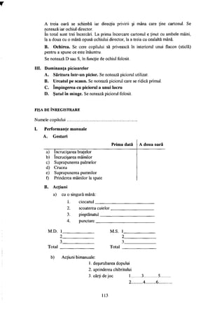 A treia oară se schimbă iar direcţia privirii şi mâna care ţine cartonul. Se
notează iar ochiul director.
în total sunt trei încercări. La prima încercare cartonul e ţinut cu ambele mâini,
la a doua cu o mână opusă ochiului director, la a treia cu cealaltă mână.
B. Ochirea. Se cere copilului să privească în interiorul unui flacon (sticlă)
pentru a spune ce este înăuntru.
Se notează D sau S, în funcţie de ochiul folosit.
III. Dominanţa picioarelor
A. Săritura într-un picior. Se notează piciorul utilizat.
B. Urcatul pe scaun. Se notează piciorul care se ridică primul.
C. împingerea cu piciorul a unui lucru
D. Şutul în minge. Se notează piciorul folosit.
FIŞA D E Î N R E G I S T R A R E
Numele copilului
I. Performanţe manuale
A. Gesturi
Prima dată A doua oară
a) încrucişarea braţelor
b) încrucişarea mâinilor
c) Suprapunerea palmelor
d) Crucea
e) Suprapunerea pumnilor
0 Prinderea mâinilor la spate
B. Acţiuni
a) cu o singură mână:
1. ciocanul
2. scoaterea cuielor.
3. pieptănatul
4. punctare
M.D. 1.
2_
3.
Total
M.S. 1_
2.
3_
Total
b) Acţiuni bimanuale:
1. deşurubarea dopului
2. aprinderea chibritului
3. cărţi de joc 1..
2..
113
 