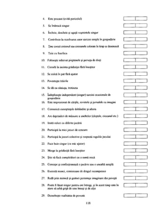 4. Este precaut (evită pericolul)
5. Se îmbracă singur
6. încheie, descheie şi agaţă veşmintele singur
7. Contribuie la rezolvarea unor sarcini simple în gospodărie
8. Ţine corect creionul sau creioanele colorate în timp ce desenează
9. Taie cu foarfecă
10. Foloseşte adecvat pieptenele şi periuţa de dinţi
11. Circulă în incinta grădiniţei fără însoţitor
12. Se culcă în pat fără ajutor
13. Povesteşte trăirile
14. Se dă cu săniuţa, trotineta
15. îndeplineşte independent (singur) sarcini ocazionale de
gospodărie
16. Este impresionat de cărţile, revistele şi jurnalele cu imagini
17. Comunică cunoştinţele dobândite şi altora
18. Are deprinderi de mânuire a uneltelor (cleştele, ciocanul etc.)
19. Imită roluri cu diferite jucării
20. Participă la mici jocuri de concurs
21. Participă la jocuri colective şi respectă regulile jocului
22. Face baie singur (cu mic ajutor)
23. Merge la grădiniţă fară însoţitor
24. Ştie să facă cumpărături cu o sumă mică
25. Concepe şi confecţionează o jucărie sau o unealtă simplă
26. Execută munci, comisioane de dragul recompensei
27. Redă prin mimică şi gesturi personaje imaginare din poveşti
28. Poate fi lăsat singur pentru ore întregi, şi în acest timp este în
stare să aibă grijă de sine însuşi şi de alţii
29. Deosebeşte realitatea de poveste
118
 