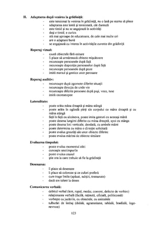 Adaptarea după venirea la grădiniţă:
este tensionat la venirea în grădiniţă, nu o lasă pe mama să plece
adaptarea este lentă şi tensionată, cât durează
este timid şi nu se angajează în activităţi
deşi e timid, e curios
stă mai aproape de educatoare, de cele mai multe ori
are o adaptare bună
se angajează cu interes în activităţile curente din grădiniţă
Reperaj vizual:
caută obiectele fără ezitare
îi place să urmărească obiecte mişcătoare
recunoaşte persoanele după faţă
recunoaşte dispoziţia persoanelor după faţă
recunoaşte persoanele după poze
imită mersul şi gestica unor perosane
Reperaj auditiv:
recunoaşte după zgomote diferite situaţii
recunoaşte direcţia de unde vin
recunoaşte diferite persoane după paşi, voce, tuse
imită onomatopee
Lateralitate:
poate arăta mâna dreaptă şi mâna stângă
poate arăta în oglindă părţi ale corpului cu mâna dreaptă şi ci
mâna stângă
faţă în faţă cu altcineva, poate imita gesturi cu aceeaşi mână
poate desena lungimi diferite cu mâna dreaptă, apoi cu stânga
poate desena linii verticale, deodată, cu ambele mâini
poate determina cu mâna o direcţie solicitată
poate evalua greutăţi ale unor obiecte diferite
poate evalua mărimi de obiecte similare
Evaluarea timpului:
poate evalua momentul zilei
cunoaşte anotimpurile
poate evalua ceasul
ştie ora la care trebuie să fie la grădiniţă
Desenarea:
îi place să deseneze
îi place să coloreze şi ce culori preferă
cum trage liniile (apăsat, subţiri, tremurate)
dacă are talent la desen
Comunicarea verbală:
debitul verbal (lent, rapid, mediu, coerent, defecte de vorbire)
relaţionarea verbală (facilă, reţinută, oficială, politicoasă)
vorbeşte cu jucăriile, cu obiectele, cu animalele
tulburări de limbaj (dislalii, agramatisme, tahilalii, bradilalii, logo
nevroze)
123
 