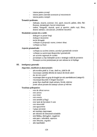interes pentru poveşti
interes pentru animale cunoscute şi necunoscute
interes pentru monştri
Tematici preferate:
războaie, moarte, aventuri, boli, sport, excursii, palate, zâne, feţi-
frumoşi, extraterestri, lucruri misterioase
timbre, fotografii, muzică, sport şi sportivi, pieile roşii, filme,
desene animate, calculatoare, probleme mecanice
Modalităţi curente de a vorbi:
dialoguri cu pauze lungi
dialoguri incoerente
multe divagaţii
vorbeşte cu propoziţii scurte, context sărac
vorbeşte cu fraze
Aspecte gramaticale:
vorbeşte cu cuvinte corecte, acorduri gramaticale corecte
vorbeşte cu numeroase dezacorduri gramaticale
are accente regionale în vorbire
povesteşte cu haz întâmplări şi are o strategie orală de povestire
foloseşte cuvinte pretenţioase pe care adesea nu le înţelege
III. Inteligenţa generală:
Algoritmi, clasificări şi abstractizări:
ştie număra până la 10 sau, dacă nu, până la cât
recunoaşte cantităţi diferite de nasturi de două culori
dar de trei culori?
recunoaşte dintr-un grup de imagini pe cele asemănătoare (categorii)
recunoaşte lacunele în imagini lacunare
poate face clasificări după culoare, formă, mărime
poate aduna jetoane de aceeaşi culoare şi mărime
Tendinţe psihopatice:
este de obicei nervos
este anxios
este timid
este emotiv
este sensibil şi fragil
este lipsit de încredere în sine
este nesociabil
este egocentrist
îi place să mintă
are tendinţe cleptomane
are obiceiul să chinuiască animalele
este bătăuş, distrugător, negativist
este pasiv, nehotărât, capricios
este obraznic, orgolios
alte manifestări
124
 