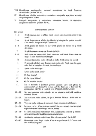 VIII. Identificarea anotimpurilor, eventual succesiunea lor după fenomene
caracteristice (probele 35-38).
IX. Identificarea relaţiilor matematice cantitative a mulţimilor aparţinând aceleiaşi
categorii (probele 39-41).
X. Categorii integratoare şi surprinderea elemetelor intruse, cu denumirea
categoriilor respective (probele 42-46).
Instrucţiuni de aplicare
Nr. probei
1 - 2 Arată maşinuţa care se află pe masă. Acum arată maşinuţa care e în faţa
mesei.
3 - 4 Arată fetiţa care se află în faţa blocului şi mingea din spatele blocului.
Care e mâna dreaptă a fetiţei ? (eventual).
5 - 6 Arată geamul cel mai de jos şi pe urmă geamul cel mai de sus şi pe cel
din mijloc.
7 Arată floarea care e cea mai departe de fetiţă.
8 - 9 Aici avem mai multe căni. Arată cana cea mai înaltă. Care e cea mai
largă? în care încape mai multă apă?
10 Aici sunt desenate o carte, o frunză, o sticlă. Arată care e mai uşoară.
11 Pe această scândură sunt desenate mai multe cuie. Arată care din aceste
cuie, dacă le loveşti cu ciocanul, intră mai uşor.
12 Spune ce fac aici copiii?
13 Spune ce fac aceşti copii?
14 Ce face femeia?
15 Ce fac raţele, lebăda?
16 Ce fac păsările, avionul?
17 Aici e desenată o plantă/un pom/un ghiocel. Care sunt părţile lui
componente? Are frunze? Şi ce mai are? Din floare ce se dezvoltă? Tu
ai mâncat un măr? Ce-ai văzut că avea el? (coajă, sâmburi, miez)
1 8 - 2 2 Sus sunt desenate nişte animale, iar jos mâncarea potrivită. Arată ce
mănâncă fiecare.
23 - 26 Aici sunt mai multe desene, iar jos e locuinţa fiecăruia. Arată unde stă
fiecare.
27 - 30 Vezi mai multe mijloace de transport. Arată pe unde circulă fiecare.
3 1 - 3 4 începem cu 34. Când doarme copilul? Sau ce e atunci când se scoală
copilul din somn? (dimineaţă, amiază, seară)
3 5 - 3 8 Se cere precizarea momentelor zilei, succesiunea acestora şi identifi­
carea anotimpurilor după fenomene caracteristice
3 9 - 4 1 Arată unde sunt mai multe frunze. Dar cele mai puţine? Dar la fel?
42 - 46 Denumeşte cu un singur cuvânt. Care nu se potriveşte aici? Ce sunt cele
mai multe? (categorii)
133
 